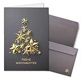 NEUSER PAPIER 50x Weihnachtskarten-Set DIN A6 in Grau mit goldenem Weihnachtsbaum aus Sternen - Faltkarten mit passenden Umschlägen - Weihnachtsgrüße für F