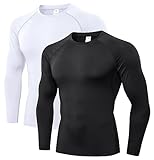 Herren-Kompressions-Shirt, langärmelig, athletisches T-Shirt, Workout, kühl, trocken, Lauf-Top, Fitnessstudio, Unterhemden, Baselayer, 1/2er-Pack, 2 Stück, schwarz + weiß,