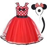 ACWOO Minnie Kostüm für Mädchen Kinder, Polka Dot Geburtstag Kleid mit Maus Ohren Haarreif, Cosplay Kostüm für Halloween Party Verkleidung, Rot (120cm)