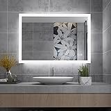 MIQU Badspiegel LED 80 x 60 cm Badezimmerspiegel mit Beleuchtung kaltweiß/Warmweiße dimmbar Lichtspiegel Wandspiegel mit Touch + beschlagfrei rechteckig