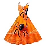 Halloween-Kleid für Damen, Kleid, Pin-Up, Halloween, bedruckt, Audrey Hepburn, Kostüme für Erwachsene, elegant, Damen-Kleid, modisch, Cocktail-Kleid, Stil, Orange, 38