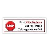 Aufkleber Stop Bitte keine Werbung und kostenlose Zeitung einwerfen! I 8,5 x 3 cm I Gegen Reklame im Briefkasten I wetterfest I selbstklebend hin083