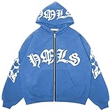PANOZON Herren Herz Vintage Hoodie Y2K Oversize Zip Up Pullover Unisex Streetwear mit Blume Druck(Blau,M)