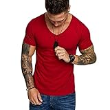 Herren Sexy T-Shirt mit tiefem V-Ausschnitt, kurze Ärmel, schmale Passform, tiefer V-Ausschnitt, T-Shirt, Style-2-rot, L
