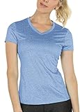 icyzone Damen Sport T-Shirt Kurzarm V-Ausschnitt Laufshirt Atmungsaktive Fitness Gym Funktions Shirt (M, Blau)