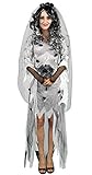 Foxxeo Gothik Geister Braut Damen Kostüm mit Schleier und Brautstrauß weißes Zombie Kleid Gotic Halloween Fasching Karneval Größe XL