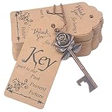 Aokbean 100 Stück Hochzeit Schlüssel Flaschenöffner Rose Form Vintage Rustikalen Kuchen Zubehör Geeignet als Geschenk für die Gäste mit Dankeskarte und Kette (Antikes Kupfer)
