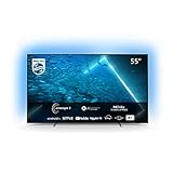 Philips 55OLED707 Fernseher (4K UHD, OLED, HDR10+, 120 Hz, Dolby Vision und Atmos, 3-seitiges Ambilight, Smart TV mit Google Assistant, Works with Alexa, Triple Tuner), Silber, 55 ', 139