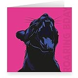 1 Coole pinke quadratische Popart Geburtstagskarte (quadratisch, 15,5x15,5cm inkl Umschlag) mit Panther: Roaring Bday - große XL Karte zum Geburtstag für Freunde, Kollegen & Mitarb