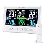 RISEPRO Wireless Wetterstation mit Außenfernbedienung Sensor In Out Temperatur und Luftfeuchtigkeit Wecker Kalender Wettervorhersage Farb-LCD-Display Weiß