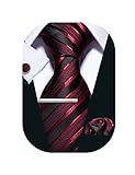 Barry.Wang Herren Seiden-Geschäftskrawatten mit Taschentuch Manschettenknopf Schwarze und rote Streifen Krawattenset Feierliche H