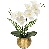 Kunstblumen wie Echt Orchideen Künstlich Blumen Deko Kunstpflanze Phalaenopsis im Goldfarbenen Topf Frühlingsblumen für Wohnzimmer Badezimmer Büro Dek