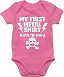 Body Junge Mädchen - Sprüche - My first Metal Shirt mit Baby Totenkopf weiß/rosa - 1/3 Monate - Pink - babymode witzig spruch metall bodys babygeschenk spruche strampler babygeschenke sprü