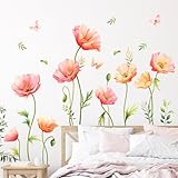 Supzone Wandtattoo Mohnblume Schmetterling Wandaufkleber Großes Blumen rosa Wandsticker Abziehen und Ankleben Wanddekor Frühlingsblume für Wohnzimmer Schlafzimmer Sofa TV Hintergrund Wanddek