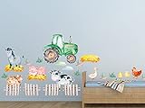 GRAZDesign Wandtattoo Traktor Kinderzimmer Junge | Trecker grün Tiere Kuh Schwein Schaf Bauernhof Stroh | Wandsticker Babyzimmer | Wand Deko zum Aufkleben | selbstklebend 100x57