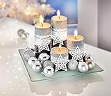 WELTBILD Kerzen Deko silber mit 4 Kerzen - Kerzen Deko Set mit Kerzen Stern-Anhängern & Teller | Kerzen Set mit Deko Tablett als Tischdeko Wohnzimmer & Deko Schlafzimmer | Weihnachten Dekoration S