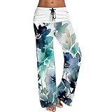 Bedruck Damenhose Boho Strandhose Leichte Freizeithose Sommerhose Mit Taschen Gerade Beinhose Weite Hose Damen Haushose Lang Weites Bein Skinny High Waist Outdoorhose Bequeme Outdoor (Green, XXL)