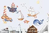 wolga-kreativ Wandtattoo Wandsticker Möbelsticker Aufkleber Wandbild Waal Meer Leuchtturm Segelschiff Wanddeko Set Kinderzimmer Spielzimmer Babyzimmer Mädchen Junge-n Baby Z