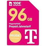 Telekom MagentaMobil Prepaid Jahrestarif 96 GB (8 GB/Monat) | 5G/LTE Max & Allnet Flat in alle dt. Netze | unverbrauchtes Datenvolumen weiter nutzen | EU Roaming & Hotspot Flat | 100 EUR Startguthab