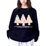 HZMM Sexy Pullover Damen Lässiger Schulterfreier langärmeliger Weihnachtspullover mit Weihnachtsbaum-Aufdruck für Damen Grandma Sweater Vintage (Blue M)