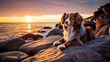Leinwand-Bild 140 x 80 cm: Hund an sonnigen Sommer- oder Herbsttagen auf grauen Felsen von Bergen in der Nähe des Wassers von See, Fluss oder Meer und (212845533)