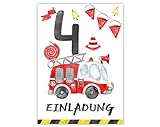 Junapack 12 Einladungskarten zum 4. Kindergeburtstag vierte Geburtstag Jungen Feuerwehr Feuerw
