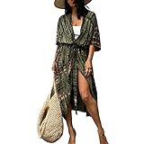 Long Beach Kleid für Frauen, Damen Lose Sommer Pareos, Maxi Strandkleid Boho Kimono Lang Strand Cardigan Beachwear, Front Offen Blumen Bluse Bikini Cover-Up Einheitsgröße (Militärisch grün)