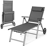 COSTWAY Sonnenliege Aluminium mit Rollen, klappbare Gartenliege mit hoher Sitzhöhe, Verstellbarer Rückenlehne und abnehmbarem Kopfkissen, Liegestuhl, Klappliege für Garten, Balkon, T