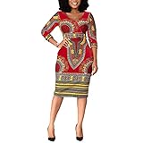 VERWIN Mid-Calf V-Ausschnitt Dreiviertel-Aermel Print Damen Bodycon Kleid Afrikanisches Midikleid Rot L