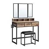 VASAGLE Schminktisch mit gepolstertem Hocker, Frisiertisch mit dreifachem Spiegel, 3 Schubladen, Haartrocknerhalter, Kosmetiktisch, Industriestil, eichenbraun-schwarz RVT004B50