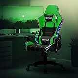 ML-Design Gaming Stuhl mit RGB LED-Beleuchtung & Bluetooth-Lautsprechern, Grün, Kunstleder, Ergonomischer Bürostuhl, Hohe Rückenlehne, Kopfstütze, Lendenkissen, drehbar-verstellbar, Racing Gamer S