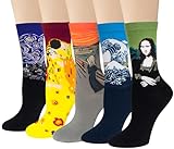 Chalier Cozy 4 Paar Lustige Kunst Socken Damen Baumwolle Bunte Gemusterte Socken Geschenk für Frauen Einheitsgröße Gelb1
