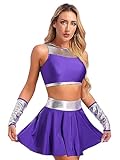 LiiYii Damen Halloween Cosplay Kostüme, 3-teilig, violette Outfits, bauchfreies Oberteil mit Röcken und Handschuhen, Lila, Größe L