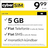 Handytarif cyberSIM z.B. Allnet Flat 5 GB – (Flat Internet 5G 5 GB, Flat Telefonie, Flat SMS und Flat EU-Ausland, 9,99 Euro/Monat, monatlich kündbar) oder andere T