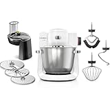 Bosch Küchenmaschine Serie 6 MUMS6EW13D, NEU, 7 Geschwindigkeitsstufen, 5,5l Schüssel, Durchlaufschnitzler, 3 Scheiben, Knethaken, Rührbesen, Silikonbesen, spülmaschinenfest, 1.600 W, silber/weiß