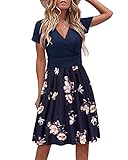 STYLEWORD Damen Sommerkleid Kurzarm V-Ausschnitt Kleider Blumenmuster Kleid Strandkleid Mit Taschen(floral05,Groß)