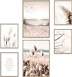 MUUDLY® Premium Poster Set, Moderne Wandbilder für Wohnzimmer und Schlafzimmer, 2 x A3 & 4 x A4, Bilder als Wanddeko (Meer Pampasgras Beige, ohne Rahmen)