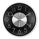 K&L Wall Art Silberne Wanduhr 30cm Durchmesser ohne Tickgeräusche langlebige Metallic Uhr für Wohnzimmer Büro lautlose Aluminium Metalluhr (Silber Schwarz)
