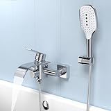 KULACO Badewannenarmatur mit Handbrause, Wasserfall Wasserhahn Badewanne, Messing Mischbatterie Dusche mit Druckschalter, Chrom Duscharmatur mit 3 Funktionen, Armatur Badewanne Wannenarmatur für B