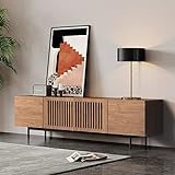 POVISON TV Schrank modern TV Lowboard aus Holz 180cm, minimalistische Medienkonsole mit Lamellenschrank und gegossenen Metallbeinen, Walnussfurnier, komp