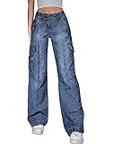 Sunidol Damen Baggy Cargo Jeans Vintage Y2K Outfits Straight Leg Denim Hose mit Pattentasche, 01-blau, S