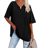 Ebifin Damen Oversize T Shirt mit V-Ausschnitt Kurzärmeliges Casual Lockere Basic Sommer Tee Shirts Bluse.Schwarz.XL