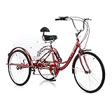 KHiry 3-rädriges Dreirad für Erwachsene, 24-Zoll-7-Gang-Dreirad, Kreuzfahrtrad für Damen und Herren, Bewegungs- und Bewegungsspaß, mit Gepäckkorb, Radfahren, Treten (rot, 24 Zoll)