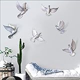 FULYA 6er-Pack Möwen-Wanddekoration, 3D-Fliegenvogel-Skulpturen, Wandkunst, Kunstharz, Vögel, Tauben, Wandbehang für Schlafzimmer, Heimdekoration, Silb