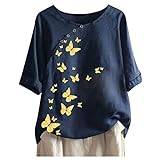 Xmiral Kurzarm T-Shirt für Damen Chinesischer Stil Schrägknopf Rundhals Bluse Druck Summer Tops Shirt(c-Marine,3XL)