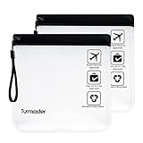 Turmaster 2 Packen Flughafen zugelassener durchsichtiger Kulturbeutel, auslaufsichere Flughafensicherheit zugelassene Flüssigkeitsbeutel 20 x 20cm, wasserdichte Reisekulturbeutel, Schwarz mit G