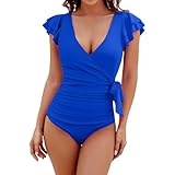 riou Baderock Lang Modischer Badeanzug mit einfarbigem Plissee- für Damen Schwimmanzug Damen Lang (Blue, L)