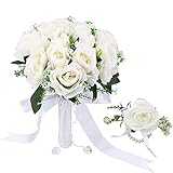 Gukasxi Brautstrauß und Handgelenk Rosa Hochzeit Koreanischer Stil Weiß Falsche Rosen Braut Brautstrauß Brautstrauß Künstliche Blumen mit Strass für H