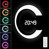 LED-Digital-Wanduhr mit Fernbedienung, CestMall USB-betriebene Nachtlicht-Wanduhr, 12/24 Stunden, Temperatur, 3 Helligkeiten, 7-Farben-RGB-Licht, Alarm und Schlummerfunktion, 12-Zoll-Spieg