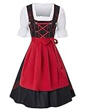 JASAMBAC Damen Dirndl midi 3-teiliges Trachtenkleid Trachtenrock Kleid Dirndlbluse für Oktoberfest, Karneval Rot XL